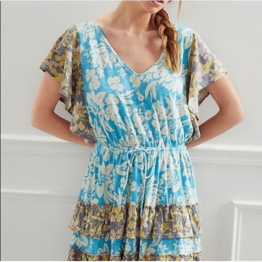 ANTHROPOLOGIE Daily Practice Tiered Ruffle Mini Dress Turquois Floral SZ Small